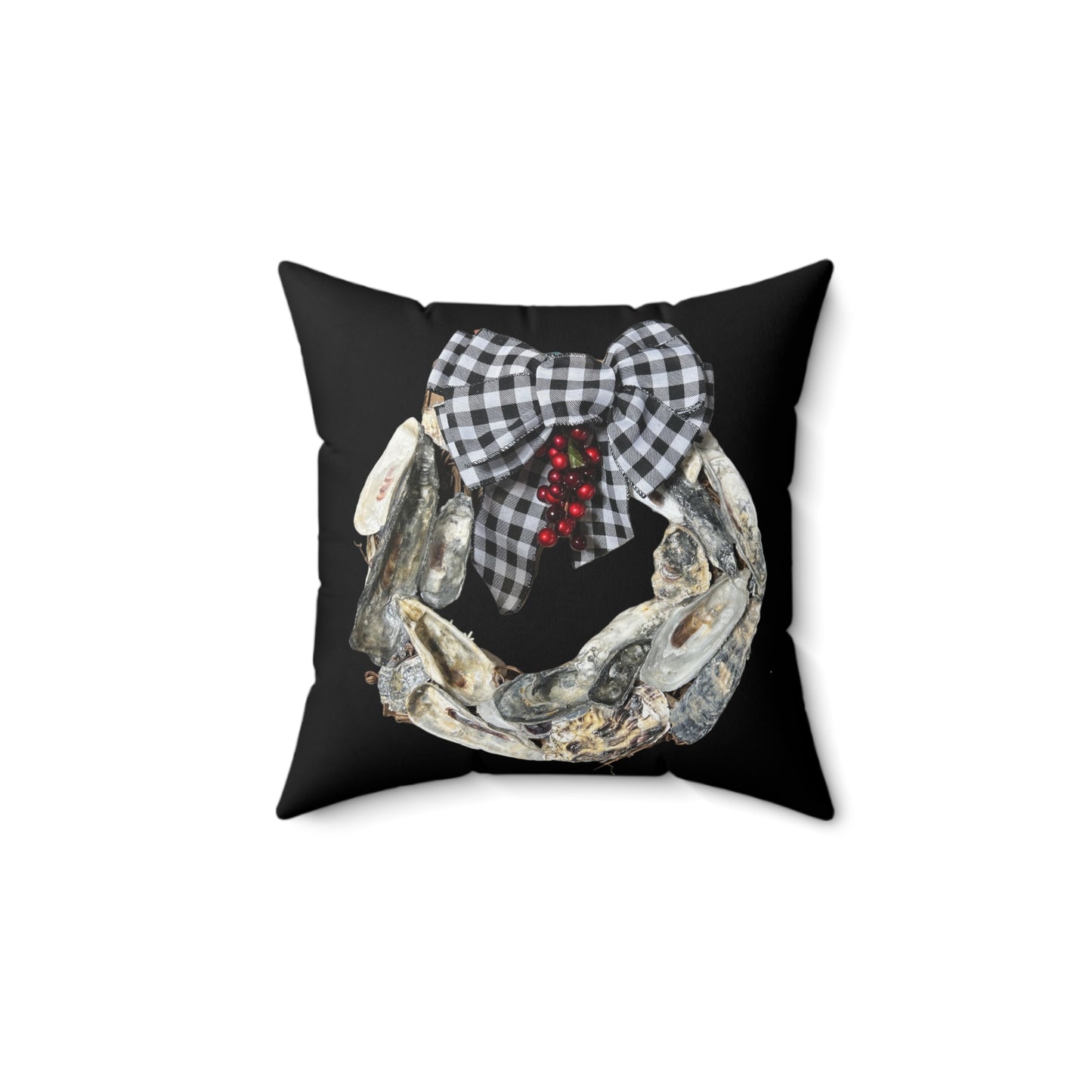 One sided print pillow, Oyster Shell Art Christmas Wreath/Black, indoor pillow, holiday pillow, black and white check bow pillow, coastal