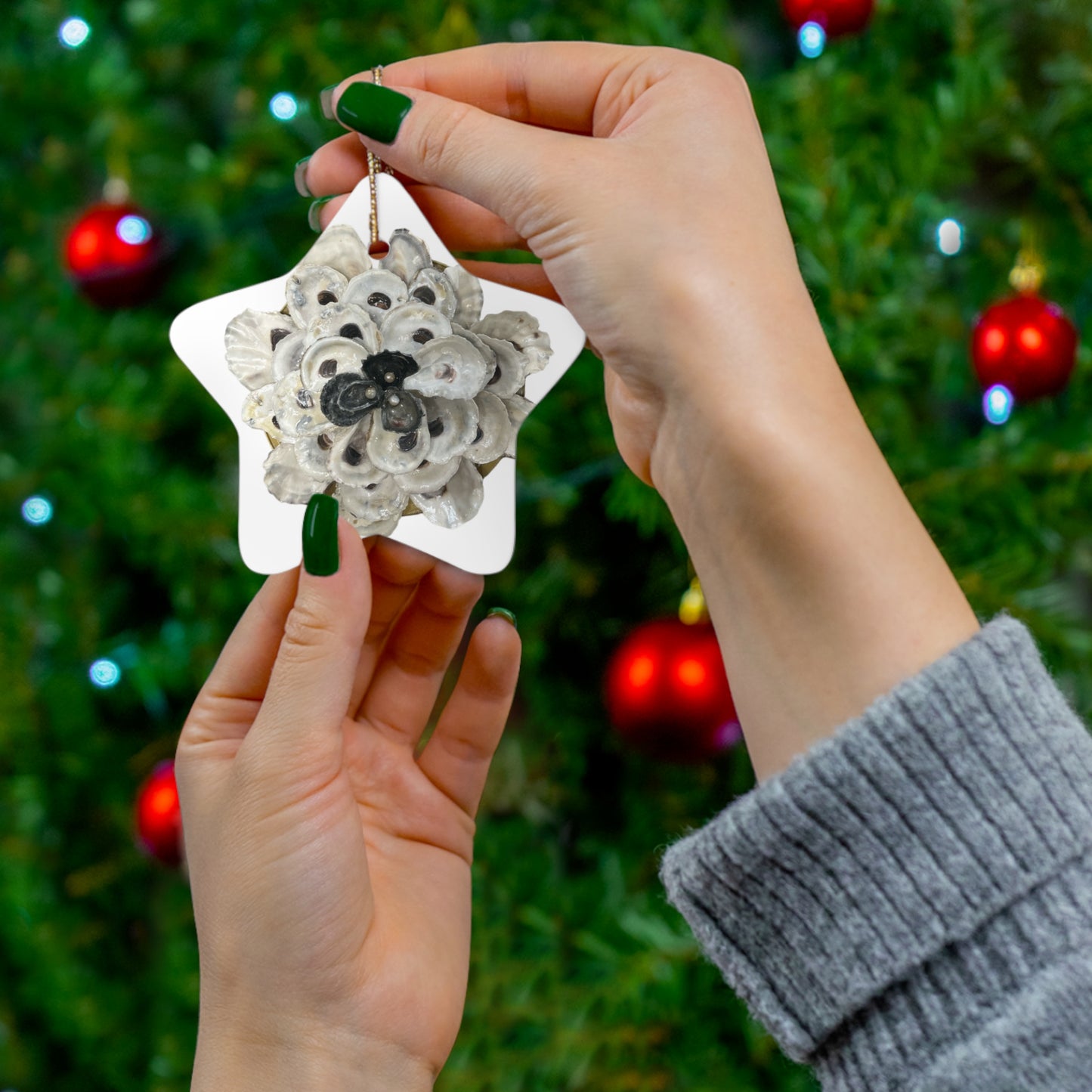 Oyster Shells and Pearls black/white Fantasy Flower Ceramic Ornament, 4 Shapes