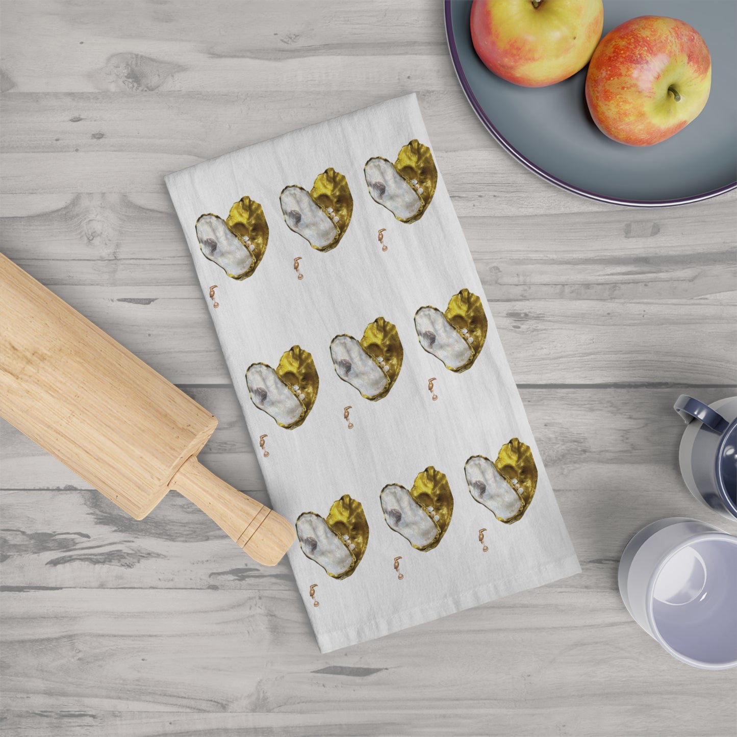 Square Napkin / Tea Towel with Large Oyster Shell 4 Rows of Hearts White and Gold Toucan Pattern Designed for a Year around Specialized Decor and Your Unique Host/Hostess Touch