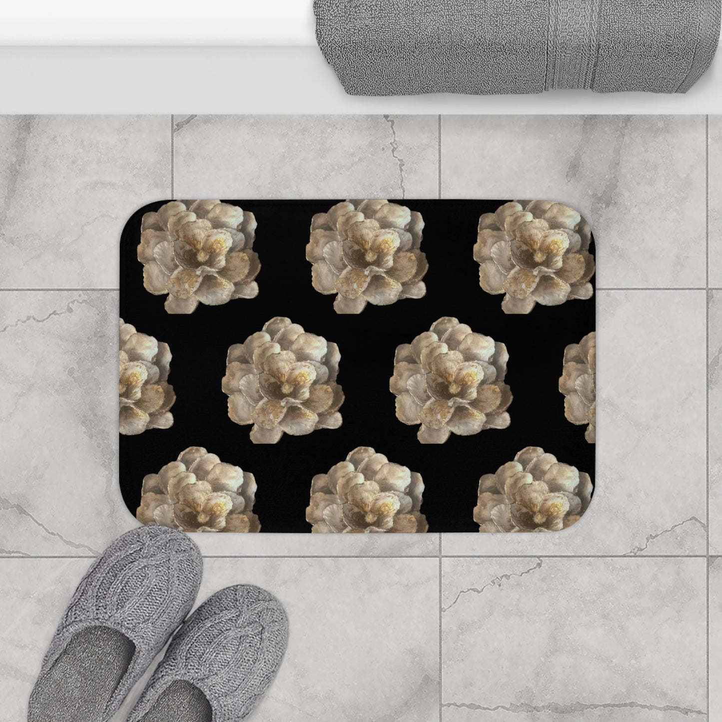 Oyster Shell Art Mix Bath Mat - Coastal Themes in Elegant Styles of black white gold