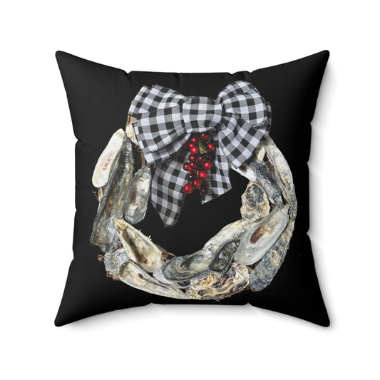 One sided print pillow, Oyster Shell Art Christmas Wreath/Black, indoor pillow, holiday pillow, black and white check bow pillow, coastal