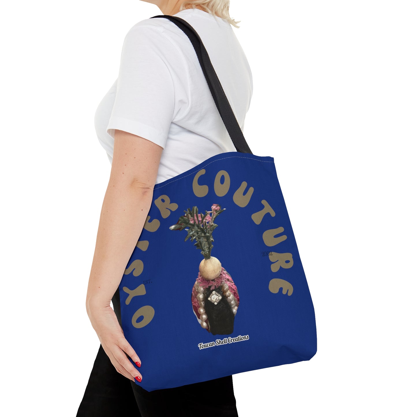 Blue Tote Bag Oyster Couture Oyster Island Queen For Fun Girl Groups, Fall Parties, Oyster Roasts, Re-usable gift bags, Carry all Tote, Isn't She Fun?