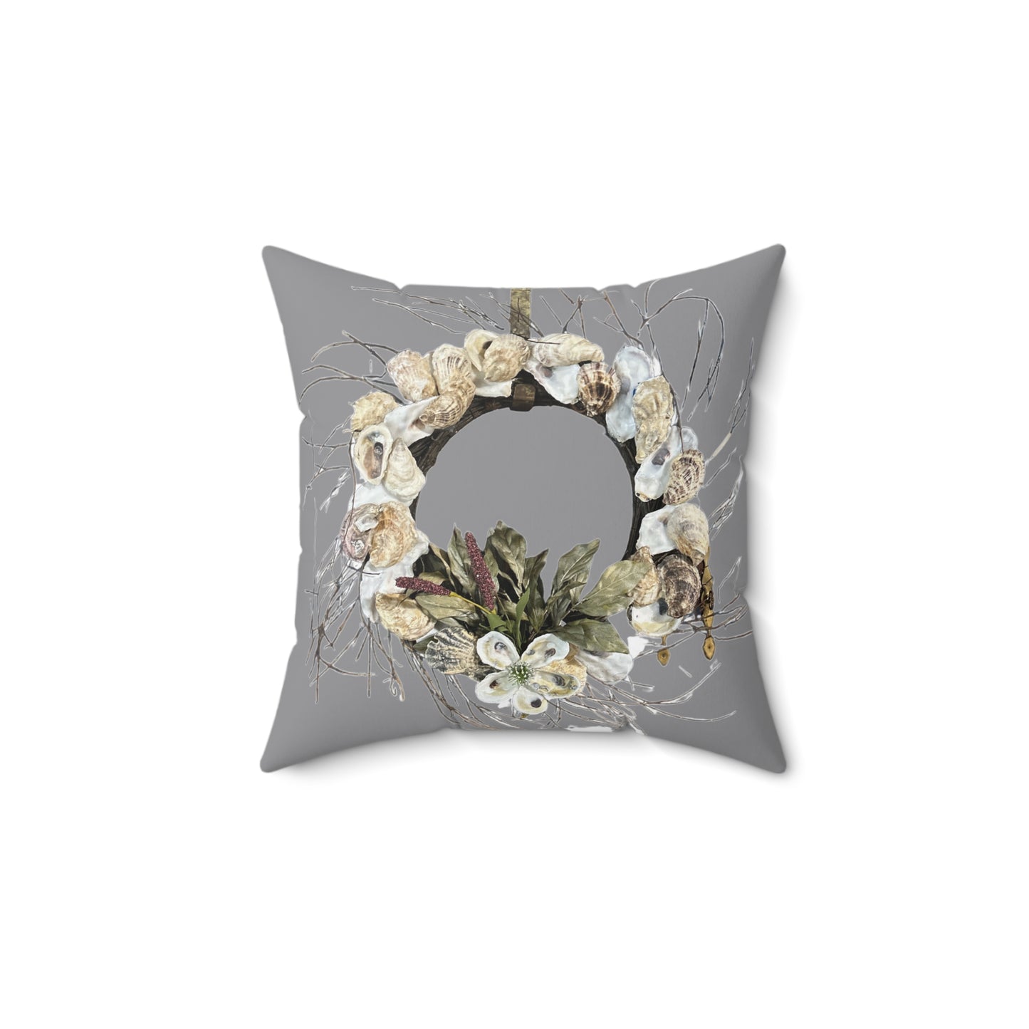 Faux Suede Square Throw Pillow, Oyster shell wreath, sofa pillow, bed pillow, accent throw pillow, housewarming gift,, coastal theme, oyster shell art