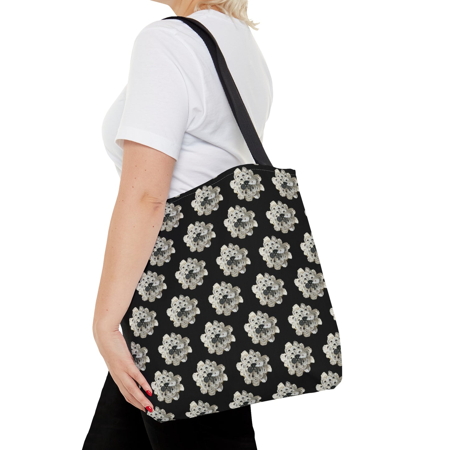 Shell Art Tote Bag in 3 sizes! For Girl Groups, Clubs, Wedding parties, Weekends, Shopping, Beach - Black/White Fantasy XL Flower