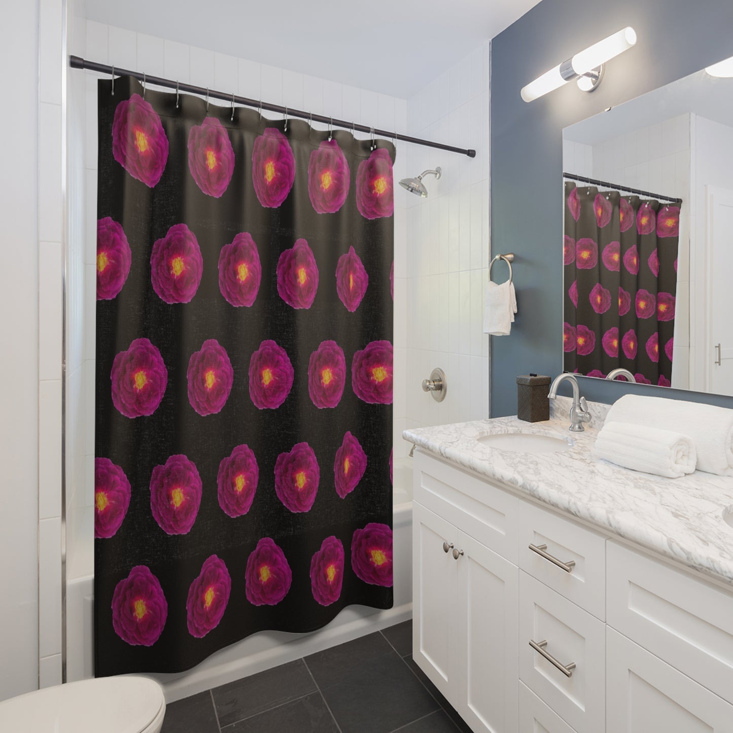 Elegant Magenta Rose and Black Shower Curtains: Infuse Nature's Beauty into Your Bathroom Curtains