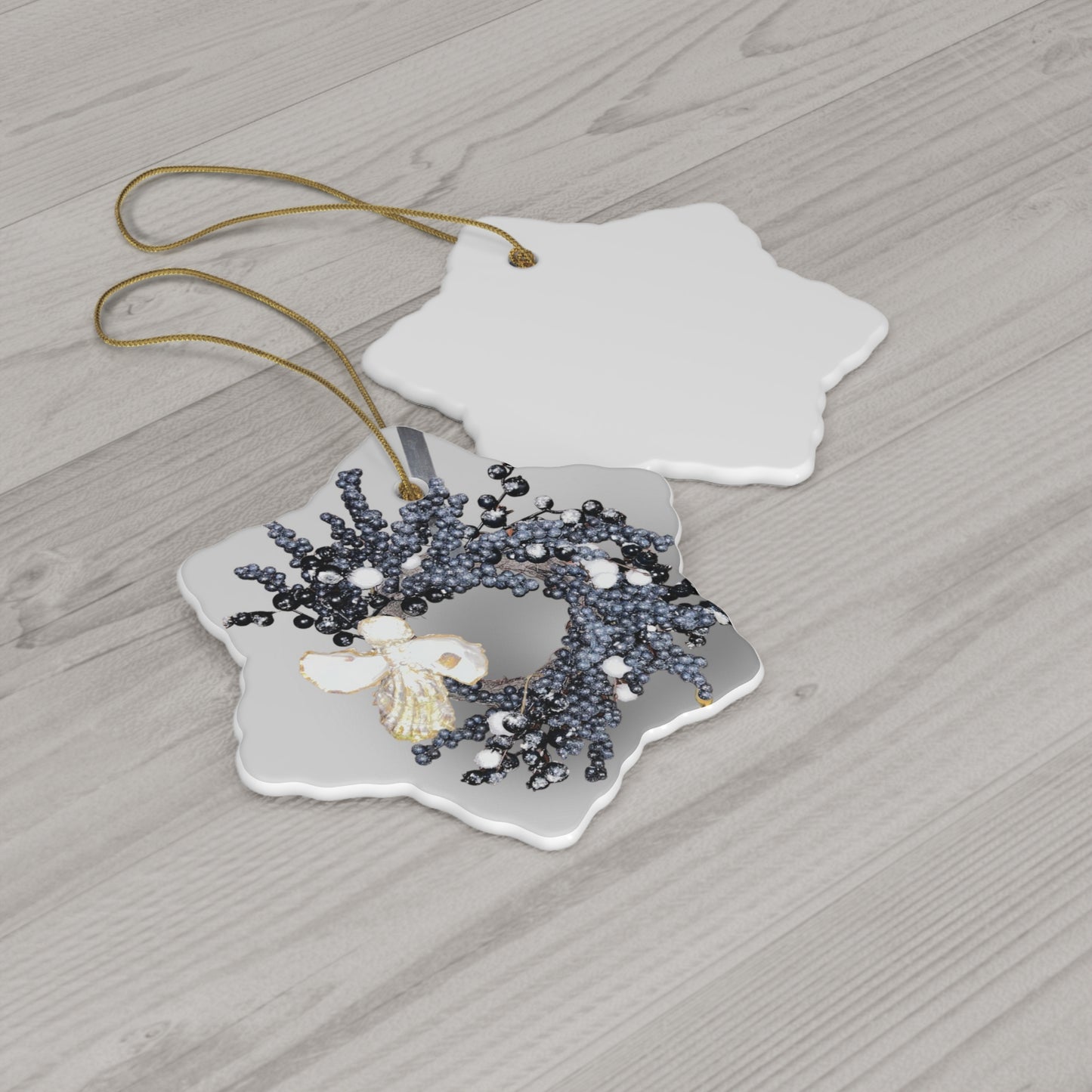 Star Ceramic Ornament, Berries Wreath with Oyster Shell Angel