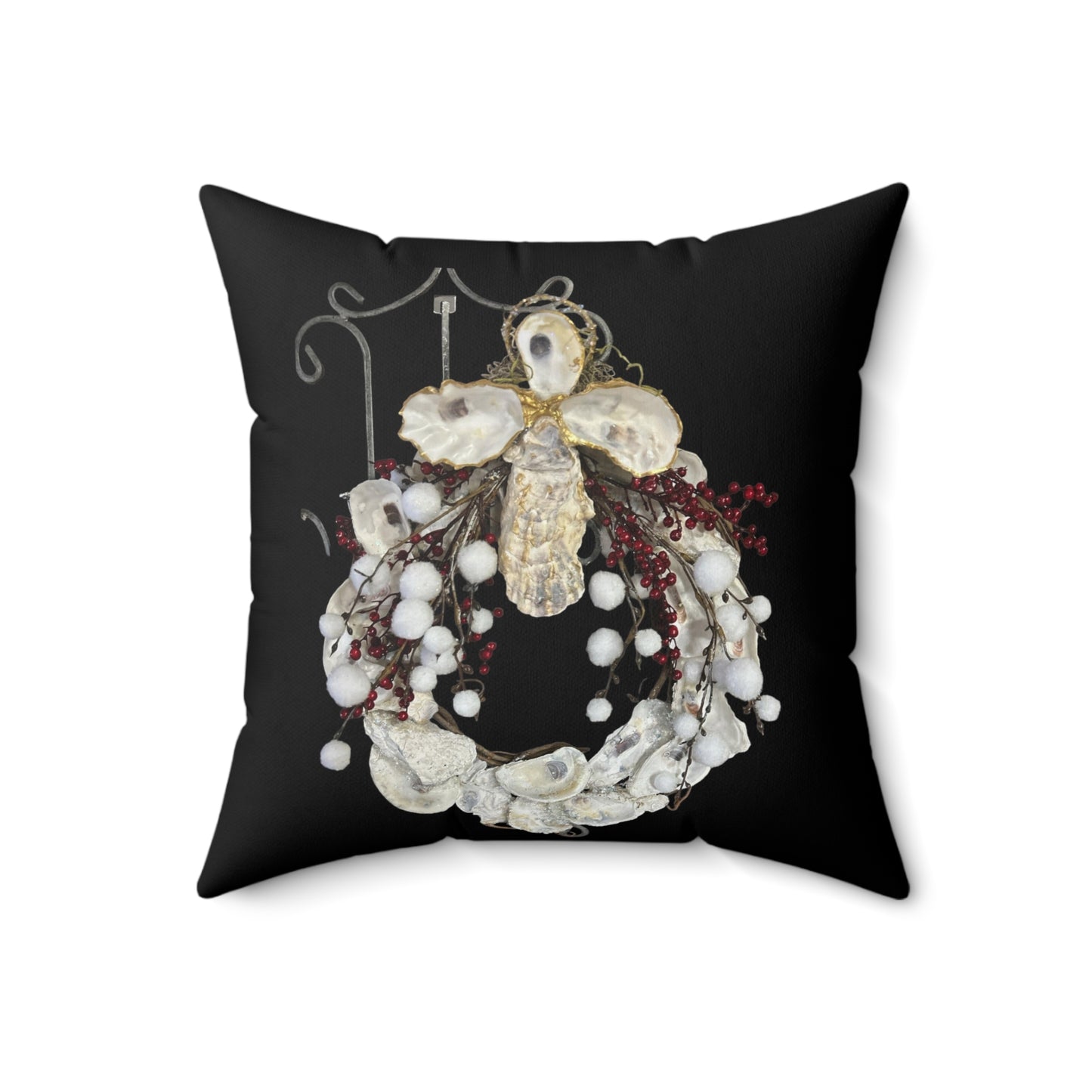 Art Print Pillow: Oyster Shell Wreath and Handcrafted Angel Cross