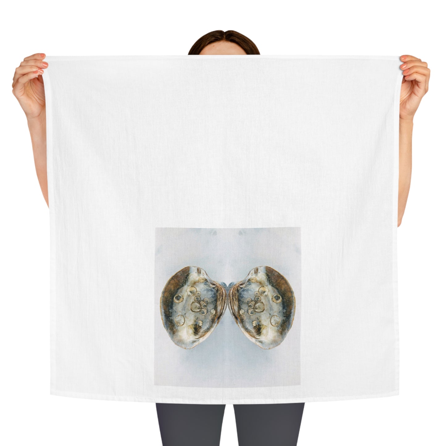 Square Napkin / Tea Towel with "Find the Angel" Clam Shell Design for a Year around Specialized Coastal Decor and Your Unique Host/Hostess Touch