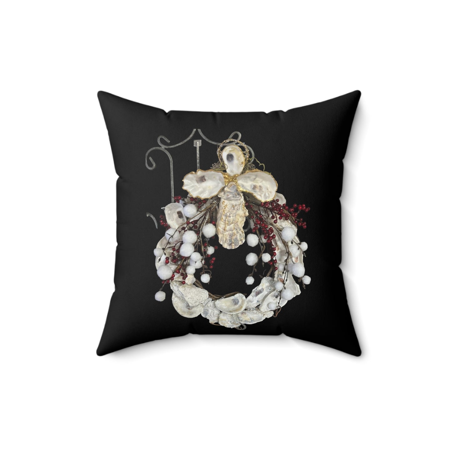 Art Print Pillow: Oyster Shell Wreath and Handcrafted Angel Cross