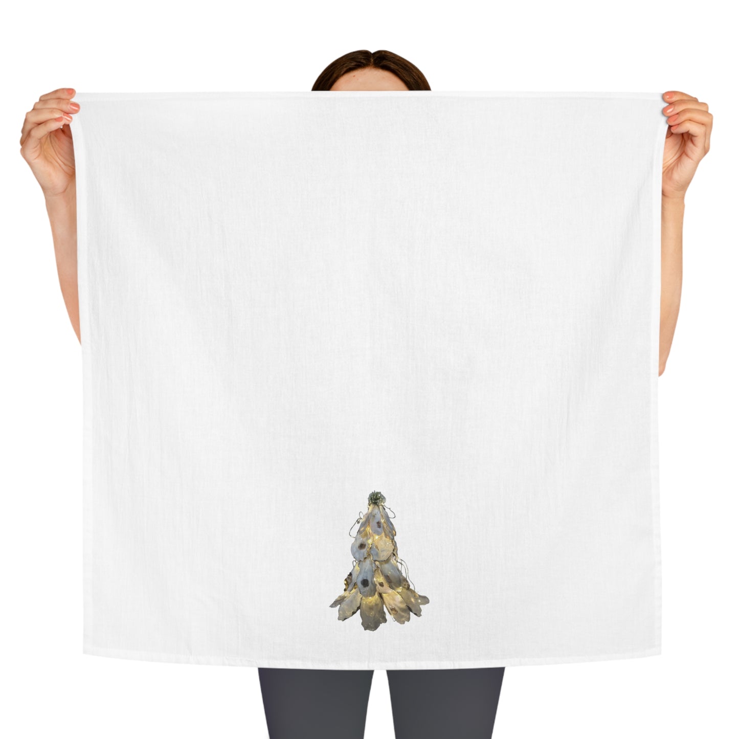 Square Napkin / Tea Towel with Small Lit Oyster Shell Christmas Tree from our Coastal Minimal Pattern Designs for Specialized Decor and Your Unique Host/Hostess Touch