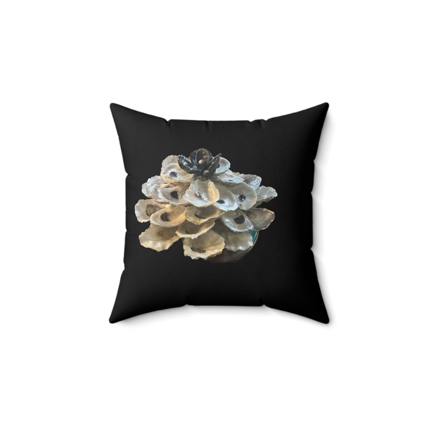 Winter Holiday Square black pillows featuring two printed sides: Stacked Oyster Shell Blossom / Oyster Shell Christmas TreeDesigns