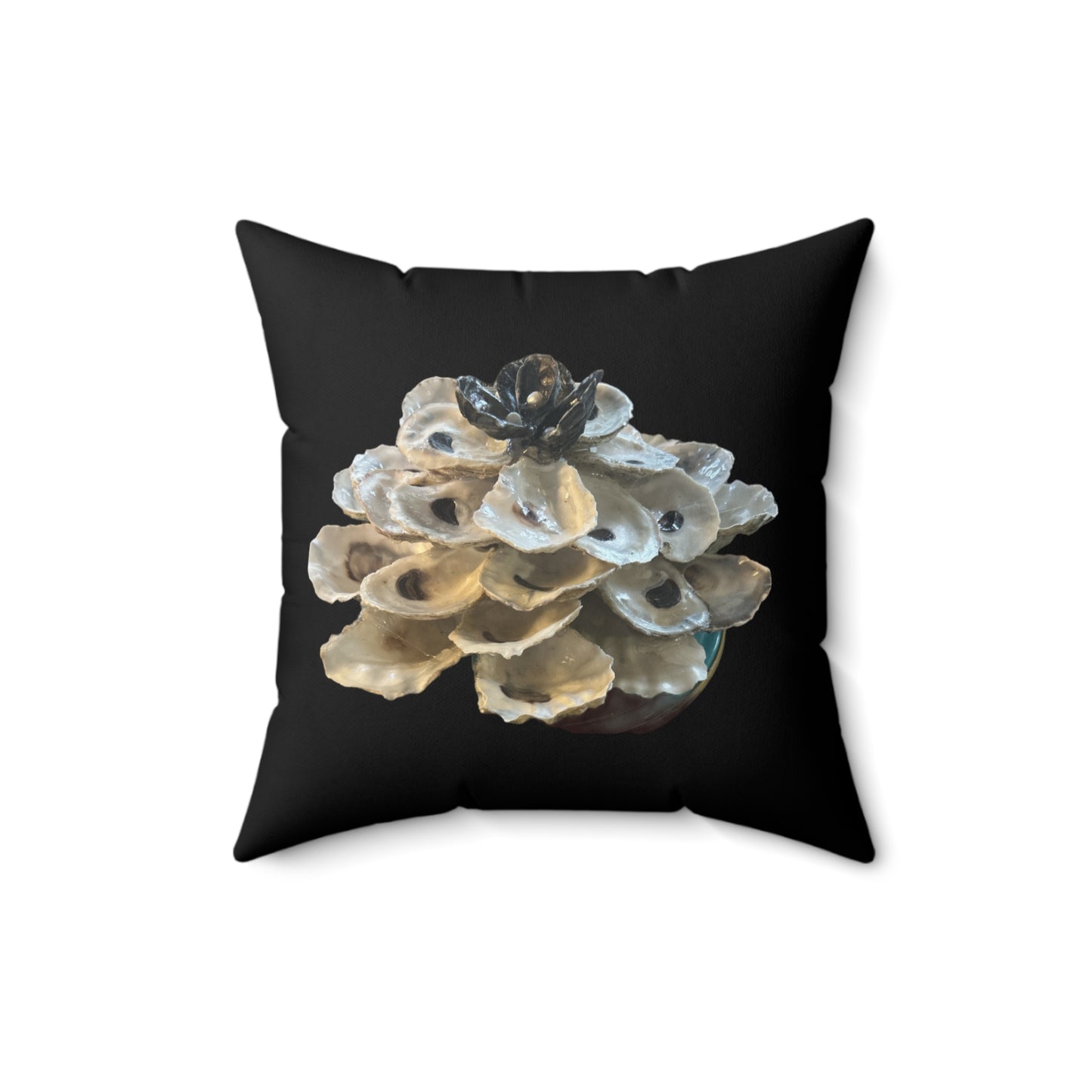 Winter Holiday Square black pillows featuring two printed sides: Stacked Oyster Shell Blossom / Oyster Shell Christmas TreeDesigns