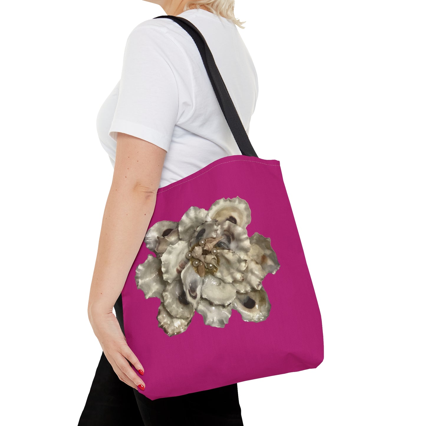 Tote Bag with Fantasy Floral Art Print replicated from a Handcrafted Piece made with Select Oyster Shells and Pearls