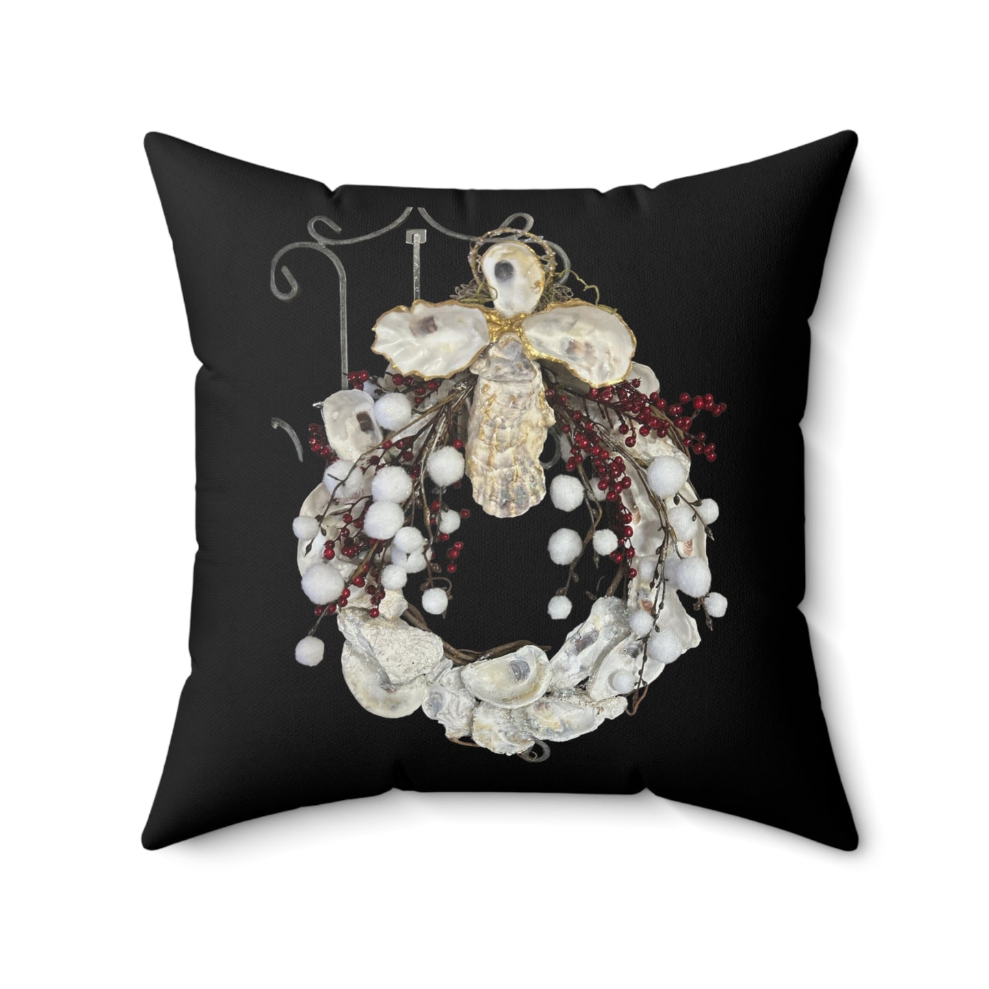 Art Print Pillow: Oyster Shell Wreath and Handcrafted Angel Cross