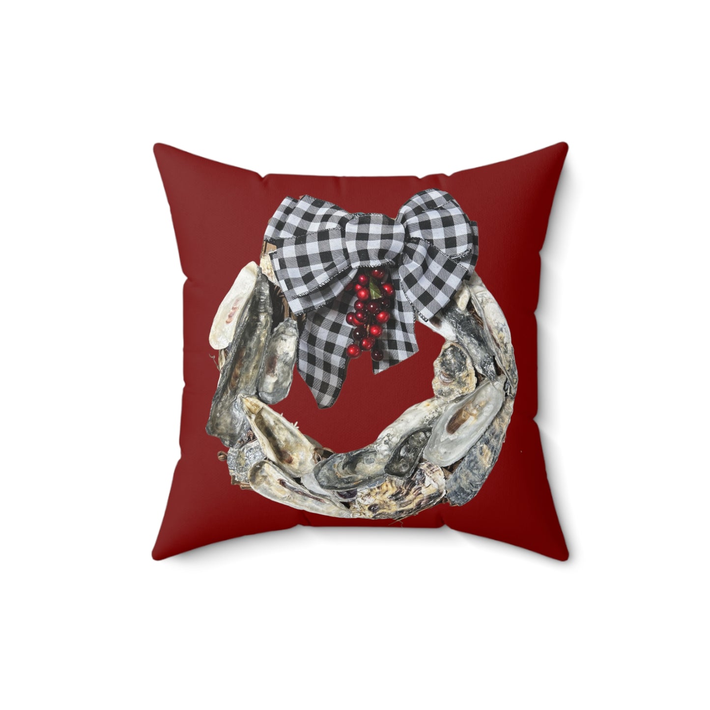 One sided print pillow, Oyster Shell Art Christmas Wreath/RED indoor pillow, holiday pillow, black and white check bow pillow