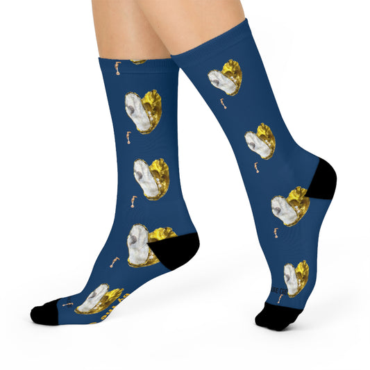 Half Big Hearted Gold deep dark blue socks, Mix and match collection, Extra Cushioned Crew fashioned by the sea with Novelty Seashell figures, ocean theme, sea life inspired, socks for women, socks for men, girly girls