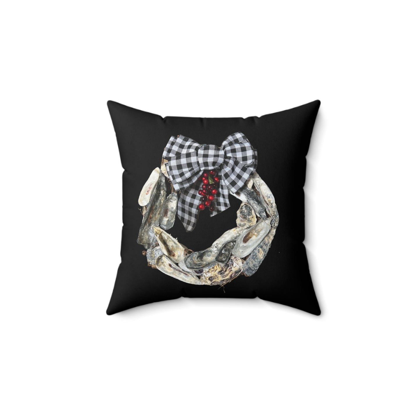 Winter Holiday Square Pillows featuring Two sides: Berries and Bow Wreath /Christmas Tree Oyster Shell Designs