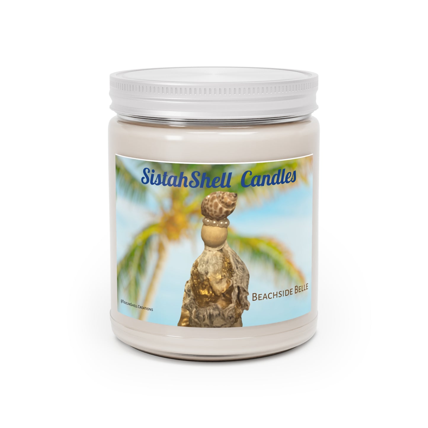 SistahShell Scented Candle, Beach Belle  9oz coastal sea shells, long burning soy candle, Oyster Shell Art, aromatherapy