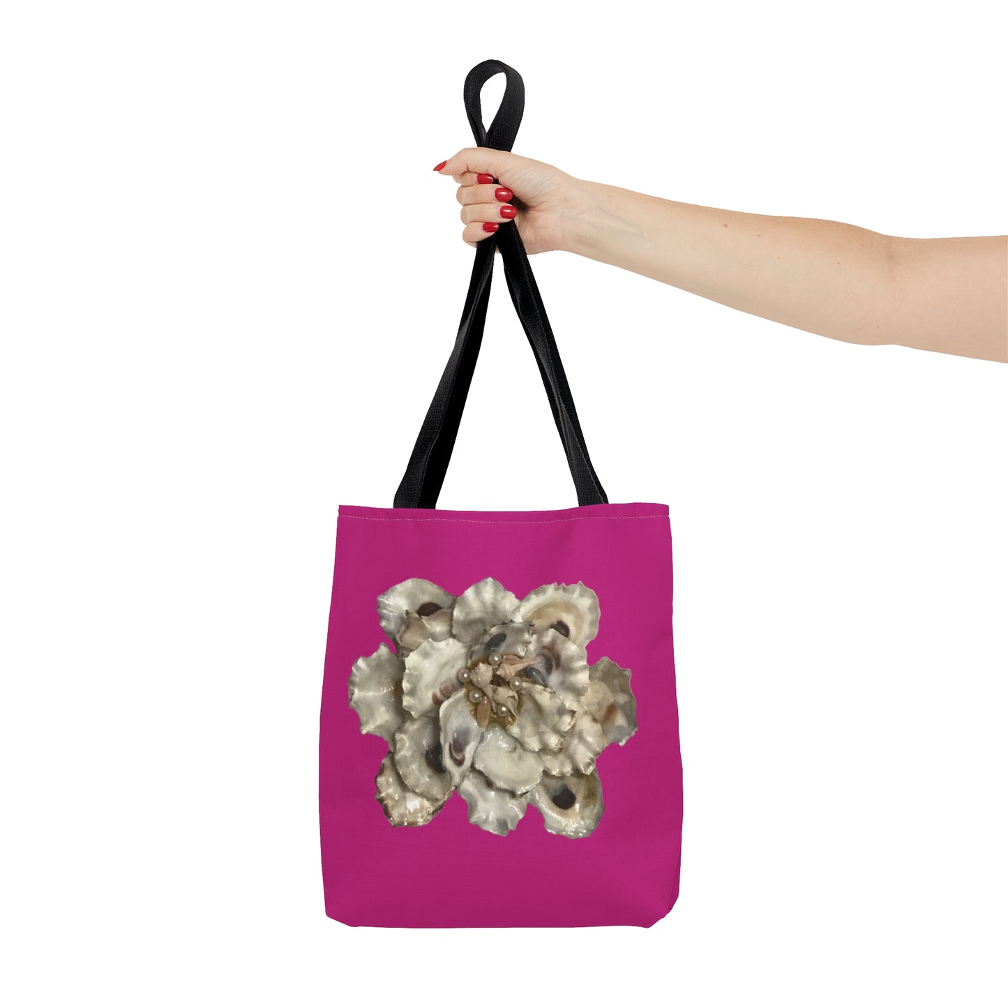 Tote Bag with Fantasy Floral Art Print replicated from a Handcrafted Piece made with Select Oyster Shells and Pearls