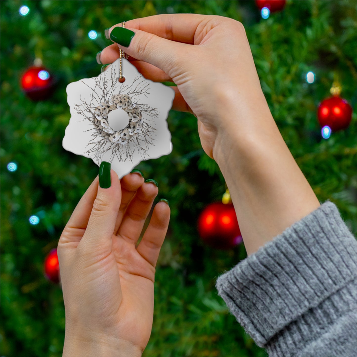 Oyster Shell Wreath Ceramic Ornament, 4 Shapes star circle, heart, snowflake, collectible! See more coastal and oyster shell art designs