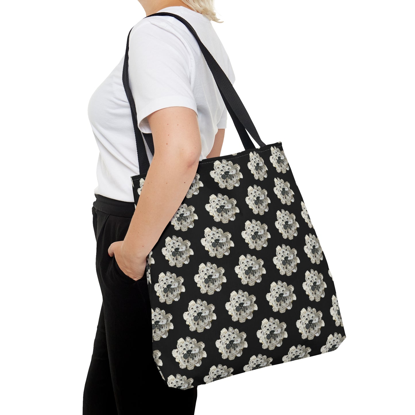 Shell Art Tote Bag in 3 sizes! For Girl Groups, Clubs, Wedding parties, Weekends, Shopping, Beach - Black/White Fantasy XL Flower