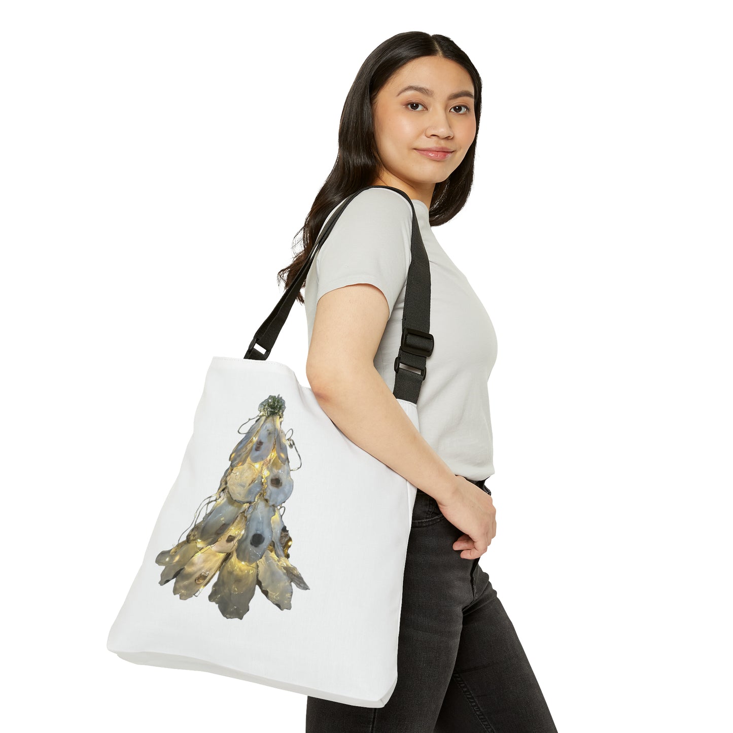 Adjustable Tote White Bag: Artisan Oyster Shell Lit Christmas Tree: Handmade Coastal Artistry for You