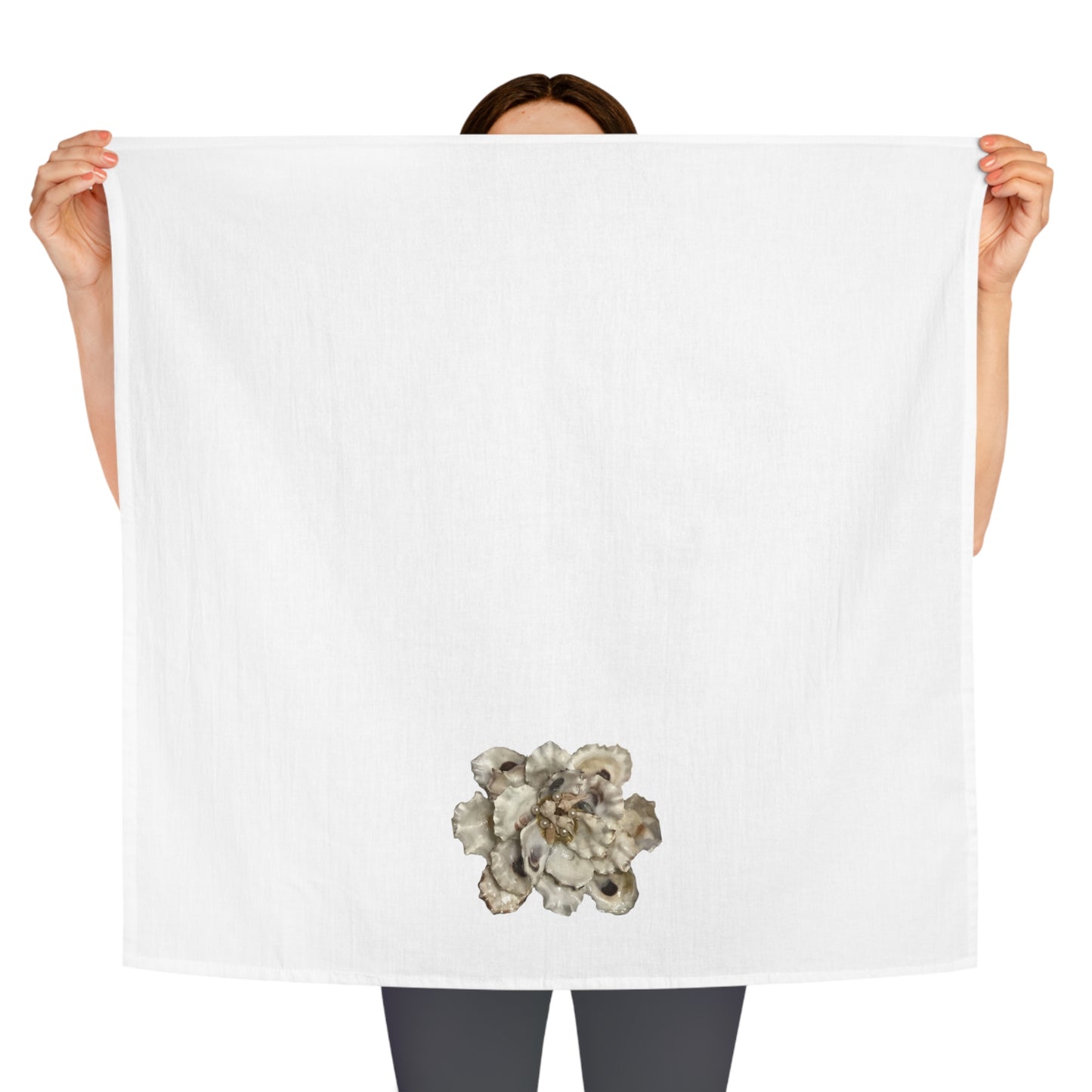 Square Napkin / Tea Towel with Large Frilly Oyster Shells with Pearls from our Coastal Minimal Pattern Designs for a Year around Specialized Decor and Your Unique Host/Hostess Touch