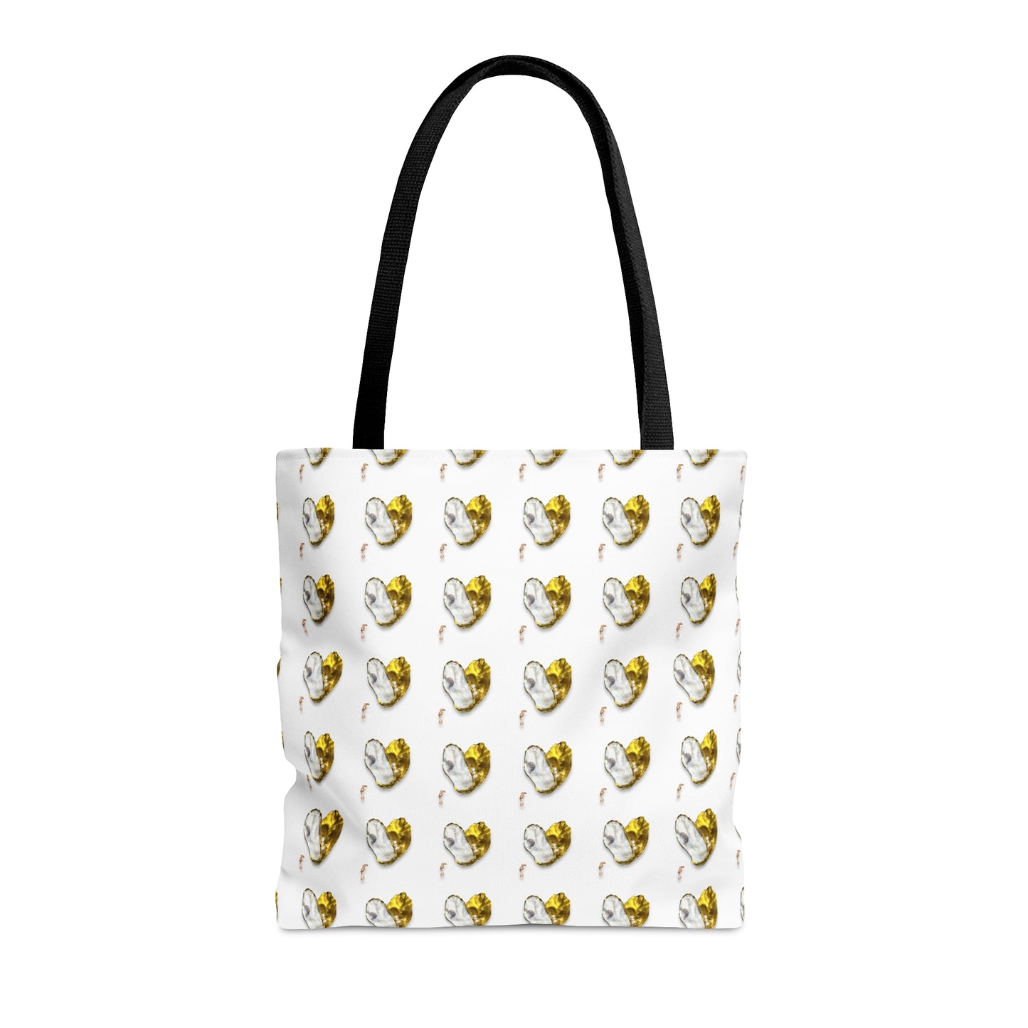 Tote Bag in 3 sizes! Oyster Shell Heart and pearls for Girl groups, Wedding parties, Church groups, Club gifts, Shopping, Beach - Gold and white heart with pearls