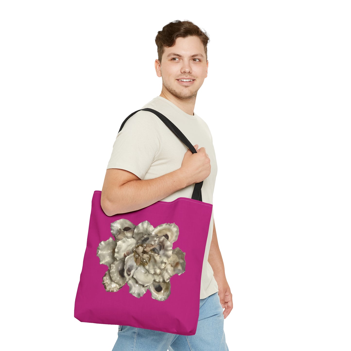 Tote Bag with Fantasy Floral Art Print replicated from a Handcrafted Piece made with Select Oyster Shells and Pearls