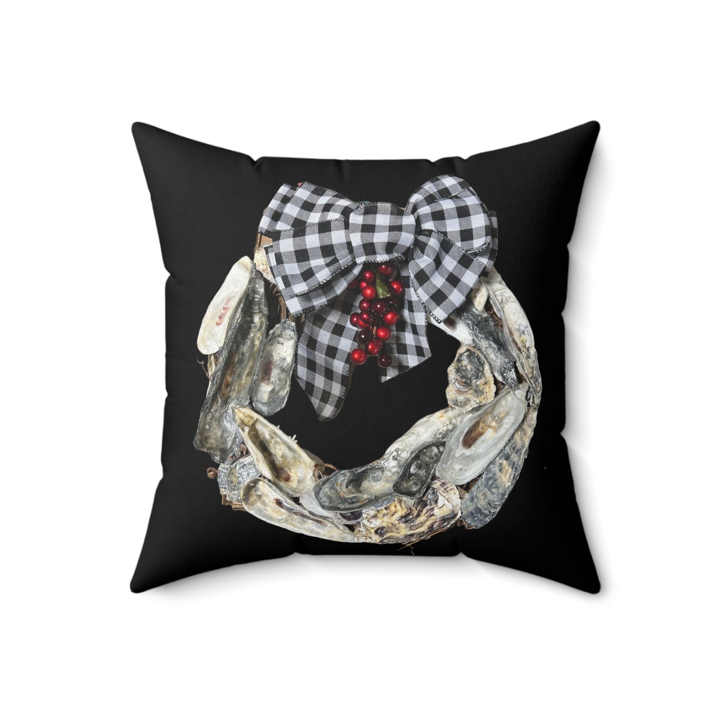 One sided print pillow, Oyster Shell Art Christmas Wreath/Black, indoor pillow, holiday pillow, black and white check bow pillow, coastal