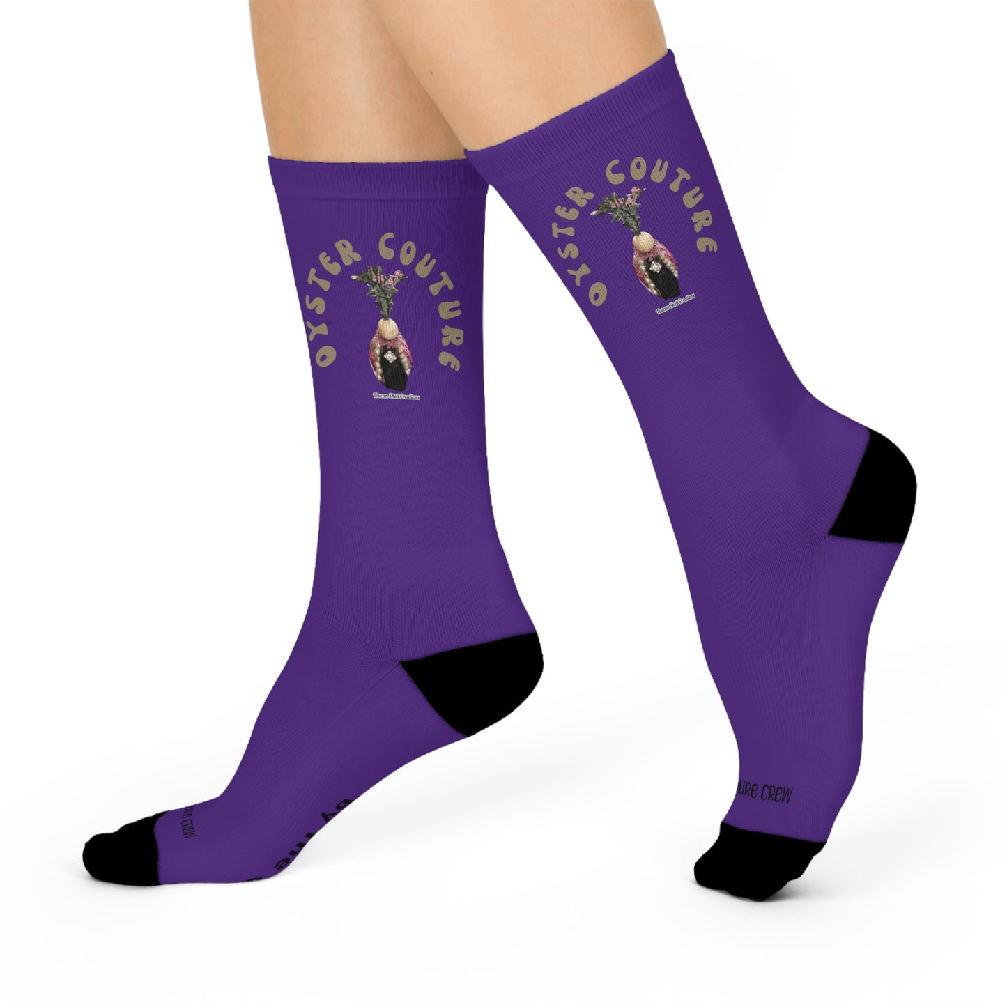 Oyster Couture Crew's Diamond Isle Queen purple socks, Mix and match for teens and adults, Extra Cushioned Crew Socks with Novelty Seashell figures, ocean theme, sea life inspired, socks for women, socks for men, girly girls