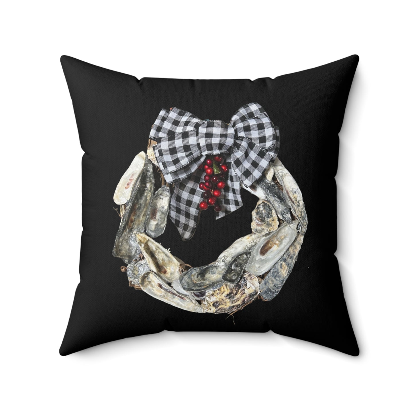 Winter Holiday Square Pillows featuring Two sides: Berries and Bow Wreath /Christmas Tree Oyster Shell Designs