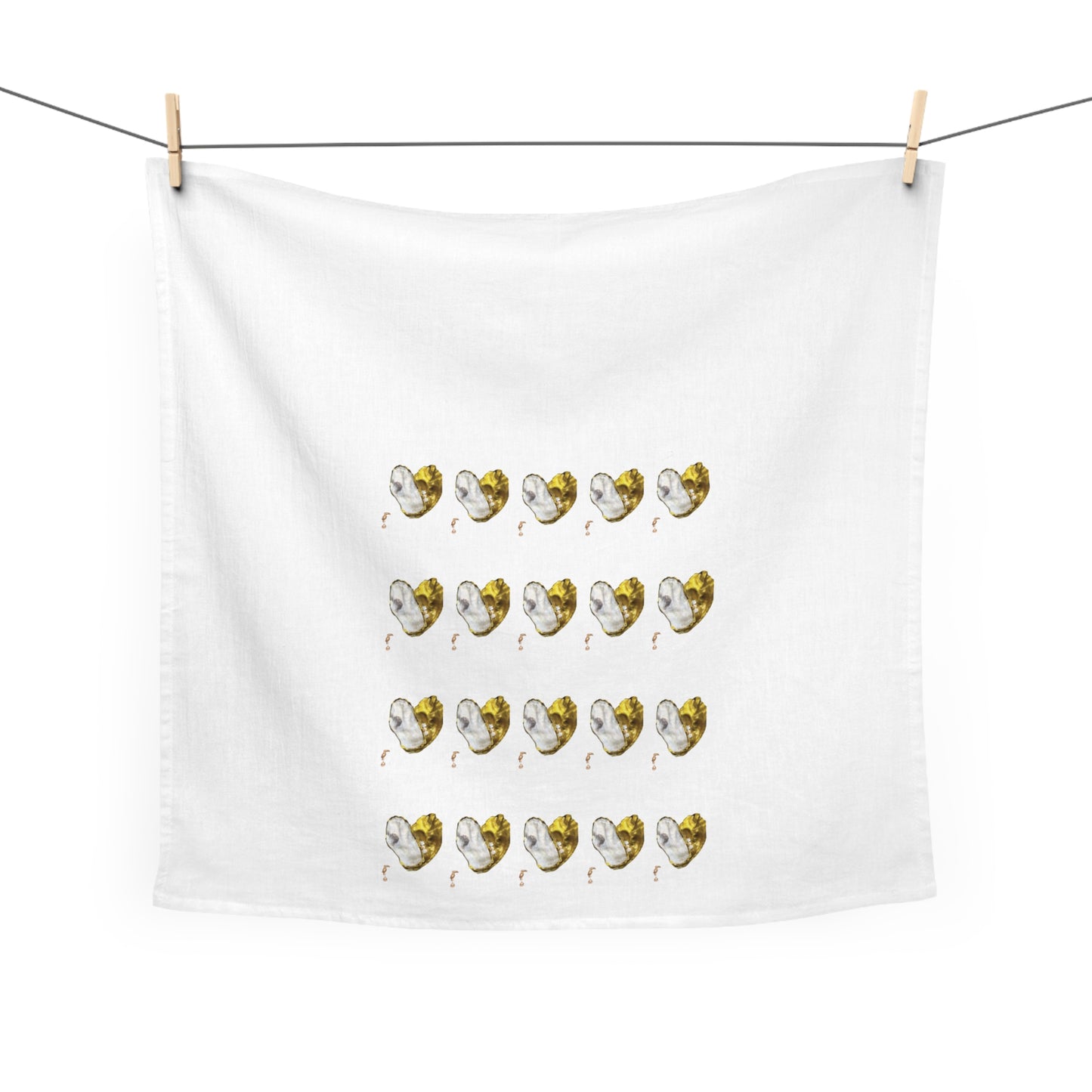 Square Napkin / Tea Towel with Large Oyster Shell 4 Rows of Hearts White and Gold Toucan Pattern Designed for a Year around Specialized Decor and Your Unique Host/Hostess Touch