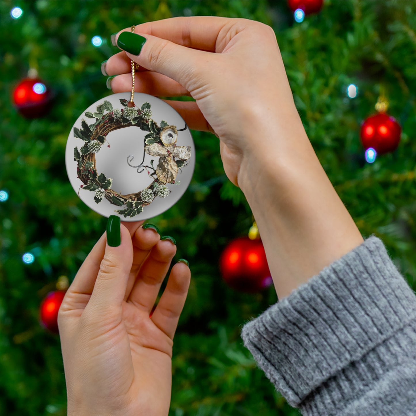 Ceramic Ornament Holly Wreath with Oyster Shell Art Angelic Cross, Collectible