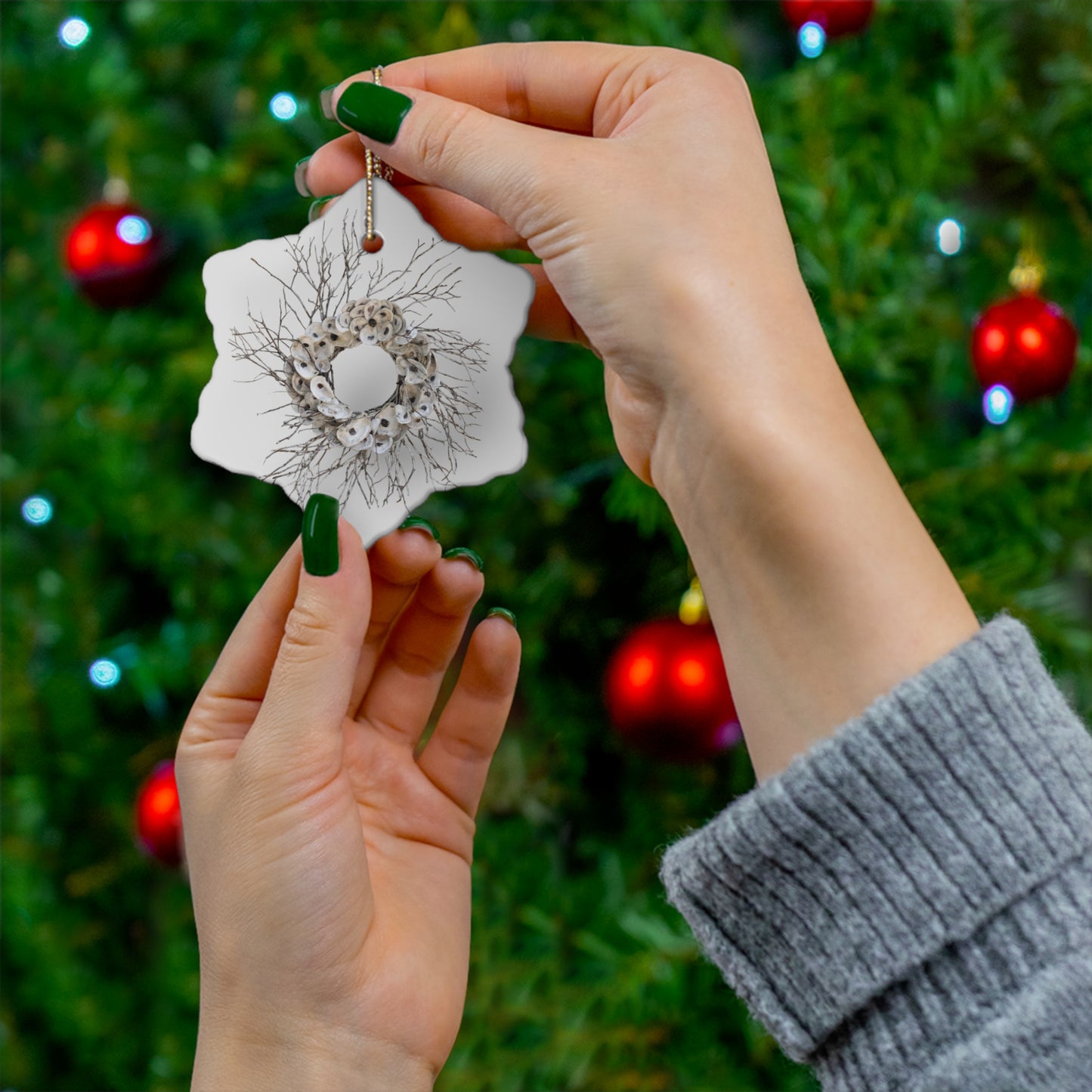 Oyster Shell on Wispy Twigs Wreath Ceramic Ornament