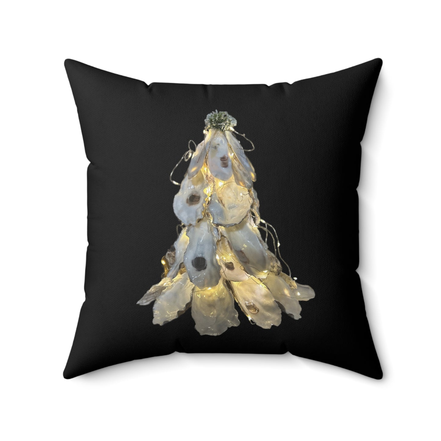 Winter Holiday Square black pillows featuring two printed sides: Stacked Oyster Shell Blossom / Oyster Shell Christmas TreeDesigns