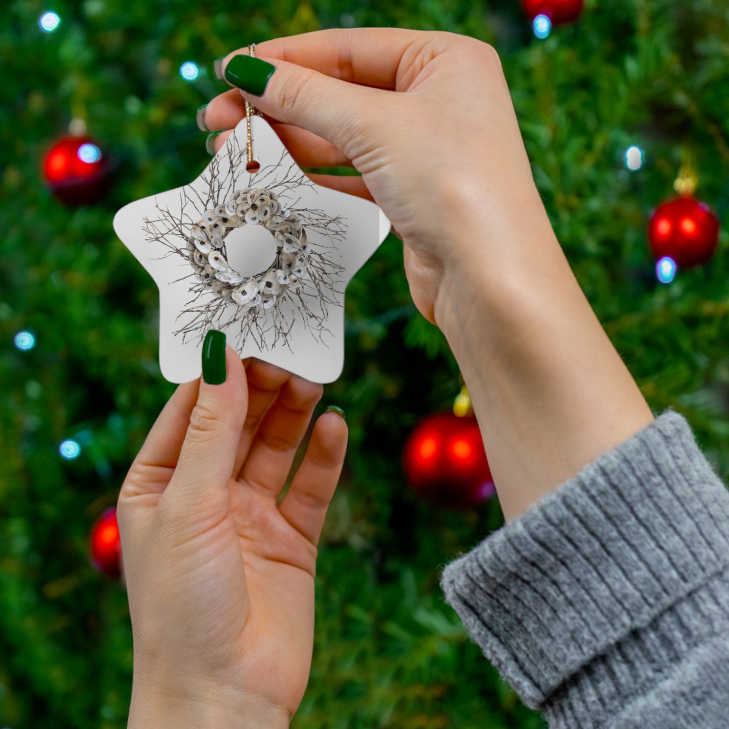 Oyster Shell Wreath Ceramic Ornament, 4 Shapes star circle, heart, snowflake, collectible! See more coastal and oyster shell art designs